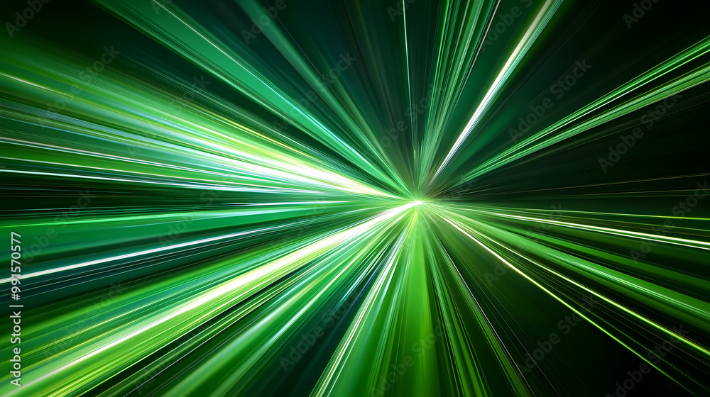 Poster Fast moving green light with motion blur, stripes, background