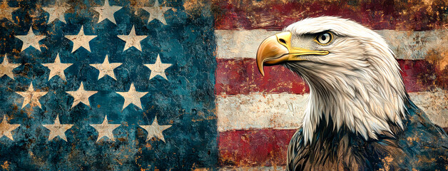 A majestic bald eagle soaring against a weathered American flag backdrop, capturing the essence of freedom and patriotism in a stunning, detailed artwork