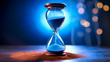 A vibrant light backdrop highlights a blue sand-filled hourglass, symbolizing the passage of time as the grains cascade to the bottom. This captivating display evokes contemplation of time's movement