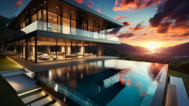 Sleek, modern mansion with infinity pool overlooking valley at sunset for vacation ads