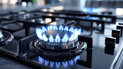 Blue flames flicker gracefully from a gas burner on a sleek kitchen stove, embodying a blend of modern design and rustic charm in an inviting culinary space