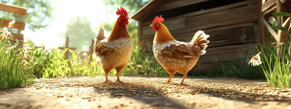 Chicken pecking at grains on the ground, soft morning light streaming through the coop