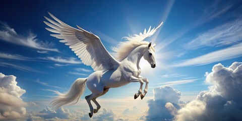Obraz premium A majestic pegasus with white wings flying gracefully in a clear blue sky, mythical, creature, horse, winged, flying, beautiful