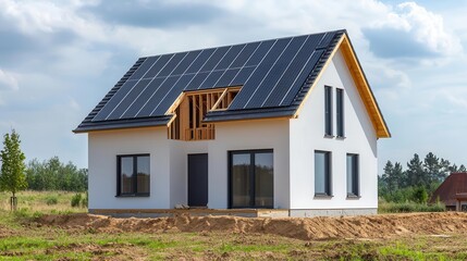 Fototapeta premium House under construction with solar panels being installed on the roof, House Under Construction, Solar installation