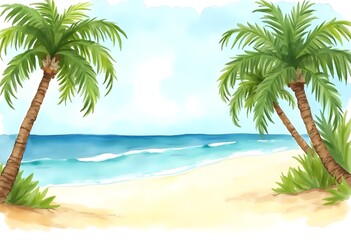 Obraz premium Tropical beach paradise watercolor scene with palm trees and copy space