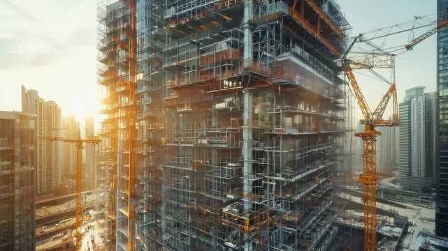 Under construction high rise building, scaffolding surrounding the frame, with workers operating cranes drone shot