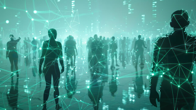 A futuristic scene where Mpox contagiousness is monitored by AI, with real-time data visualized as a network of connections between infected individuals