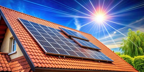 Solar panels on red roof tiles of house with sunlight, solar energy