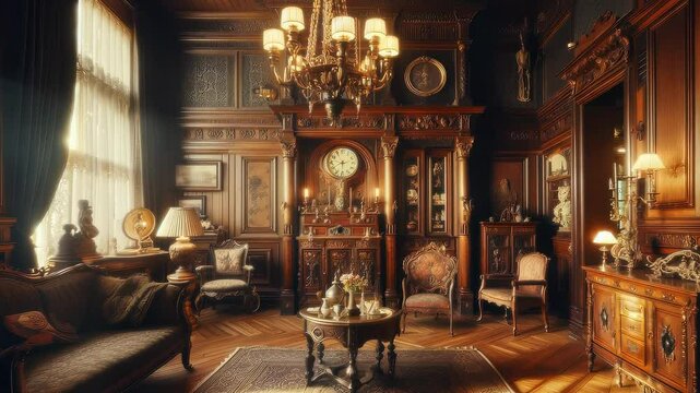Vintage Victorian home interior with dark wood paneling and antique furniture, lit by a chandelier