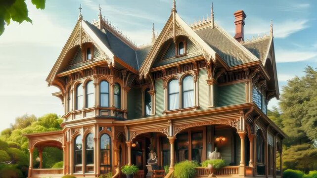 Real estate Victorian exterior, intricate wood detailing, lush green landscaping garden 