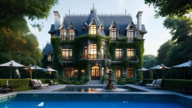 Real estate Classic European chateau exterior, ivy clad walls, intricate balconies, and fountain in front yard