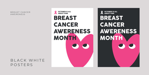 Grainy Gradient Pink Posters Set The Breast Cancer Awareness Month Woman Girl October in Pink Line Illustrations 