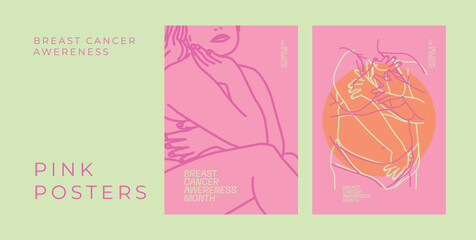 Grainy Gradient Pink Posters Set The Breast Cancer Awareness Month Woman Girl October in Pink Line Illustrations 