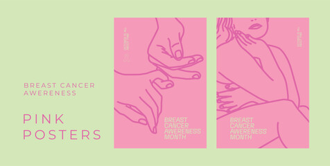 Grainy Gradient Pink Posters Set The Breast Cancer Awareness Month Woman Girl October in Pink Line Illustrations 