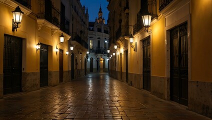 Charming street with lanterns in historic Seville.