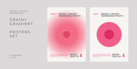 Grainy Gradient Pink Posters Set The Breast Cancer Awareness Month Woman Girl October in Pink Line Illustrations 