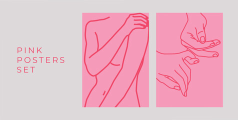 Pink Posters Set red line illustrations