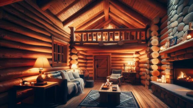 Real estate Cozy cabin interior, log walls, a stone fireplace, soft lighting in the space.