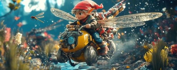 A young fairy riding a motorcycle through a magical forest.