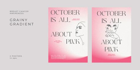 Grainy Gradient Pink Posters Set The Breast Cancer Awareness Month Woman Girl October in Pink Line Illustrations 