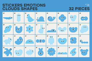 Cloud Minimal Shapes and Animals Compositions Stickers Emotions Blue Emoji with Eyes for Logo Identity Branding Typography Posters Cards and other prints and Web Design 