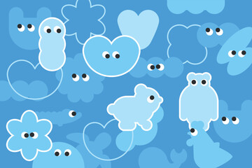 Cloud Minimal Shapes and Animals Compositions Stickers Emotions Blue Emoji with Eyes for Logo Identity Branding Typography Posters Cards and other prints and Web Design 