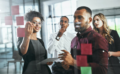 Sticky notes, glass and discussion of group, office and collaboration of employees for stock...