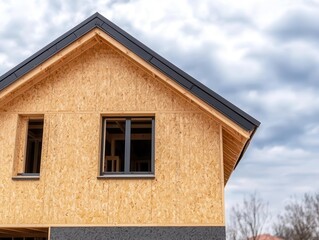 Obraz premium Two-story house with unfinished exterior and workers installing the roof, House Under Construction, Roof completion