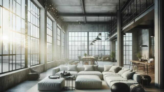 Real estate Industrial style loft, minimalist furniture, large windows, urban city, glitter sprinkles for intro