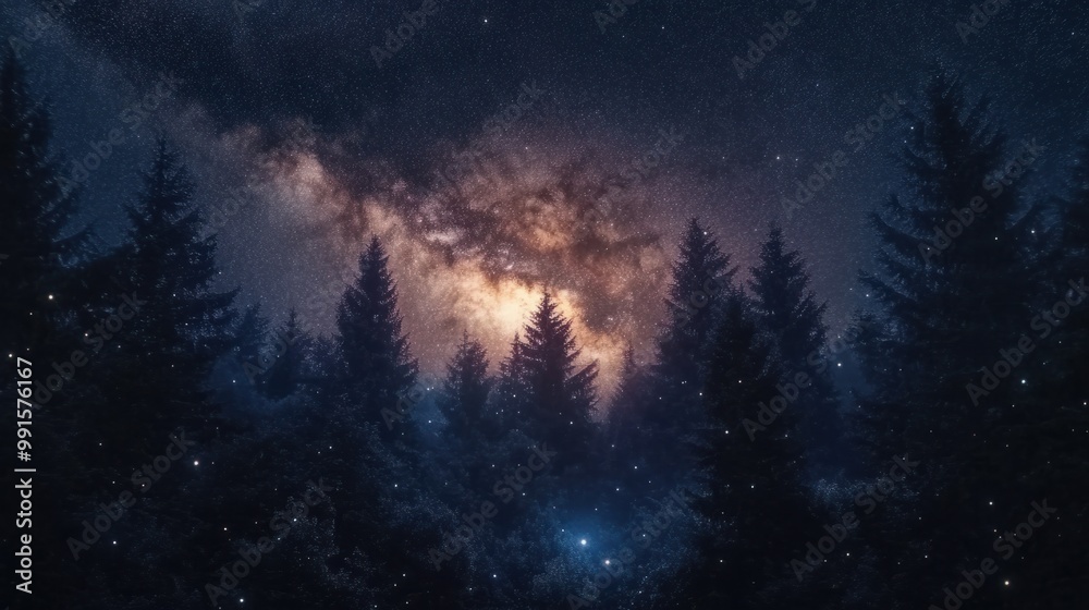 Wall mural bright milky way galaxy core glowing above a dark forest, with dense star clusters and cosmic dust i