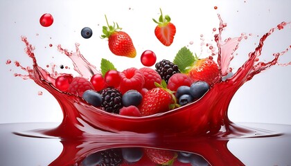 A dynamic splash of red liquid with various berries suspended in mid-air.