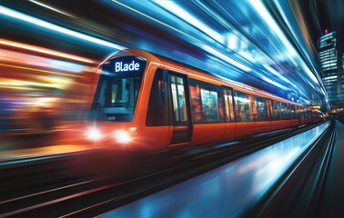 A fast-moving subway train captured with a long exposure, creating dynamic light trails and a sense of speed. The image emphasizes urban motion and modern transportation.