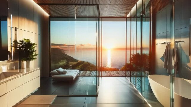 Modern bathroom with clean lines, large glass shower, and an ocean view at sunset, luxury real estate
