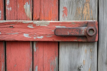 Close-up of a rustic, old red and gray wooden door with a faded paint and a sturdy, corroded metal latch on it.