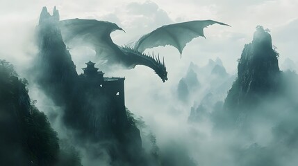 Fototapeta premium 14. A fierce dragon god soaring over misty mountains