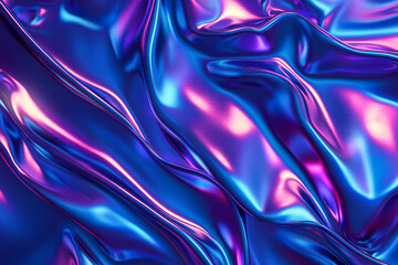 Obraz premium 3d render Metallic liquid background. Abstract neon texture. Rainbow 3d holographic foil. Wavy glossy surface in blue and purple colors Background