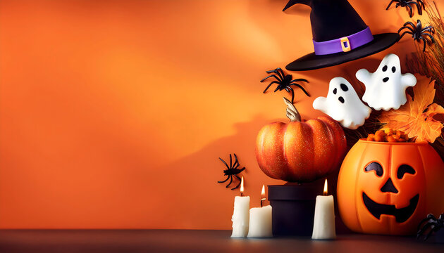 Happy Halloween Background with Pumpkin Jack-O'-Lantern, Witch Hat, Ghosts, and Spooky Decorations. Perfect for Trick or Treat Celebrations, Holiday Parties, and October 31st Festivities