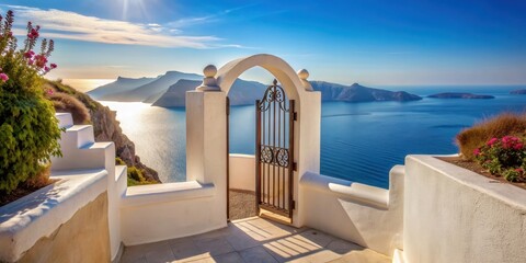 Luxurious Mediterranean gate wall leading to the sea view with stair in Santorini island style  rendering, Mediterranean