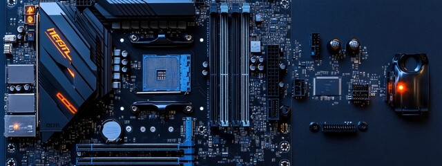 Fototapeta premium Close-up of a digital motherboard, components aligned neatly, soft blue light illuminating the surface