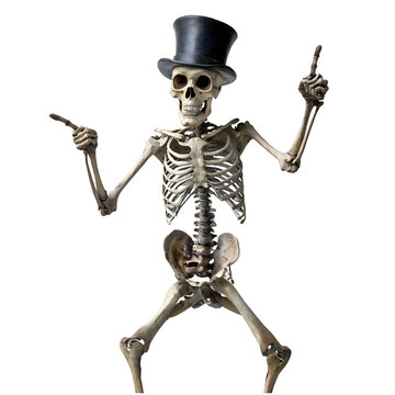 A skeleton wearing a top hat and holding up his hands. The skeleton is dancing and he is having fun, transparent background, Ai generative