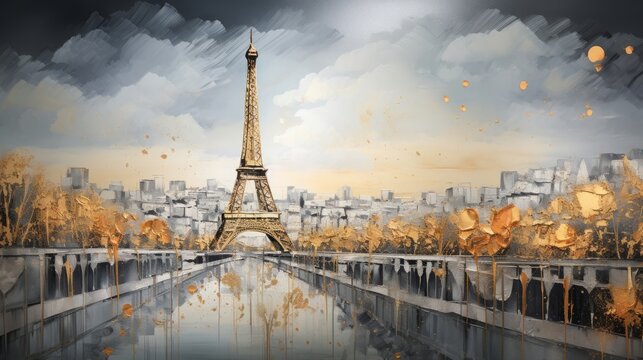 modern painting of golden Paris and Eiffel tower. The texture of the oriental style of gray and gold canvas with an abstract pattern. artist collection of animal