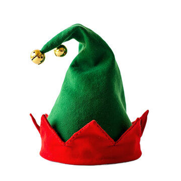Festive elf hat with jingle bells on white backdrop