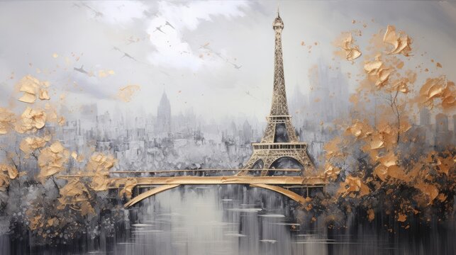 modern painting of golden Paris and Eiffel tower. The texture of the oriental style of gray and gold canvas with an abstract pattern. artist collection of animal - Powered by Adobe