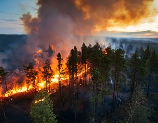 Disastrous incident forest fire. Severe flames rising from a massive blaze outbreak
