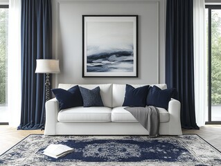 A lounge with grey walls, a white sofa, and navy blue accents on cushions, curtains, and rug