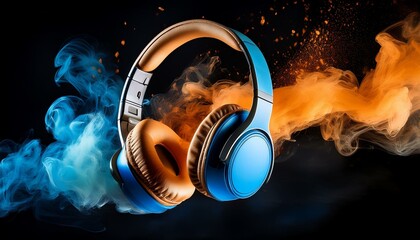 Dynamic audio explosion, twisting azure and amber mist, wireless headphones receiving sound frequencies, captivating auditory journey, vibrant atmosphere, creative visual flair