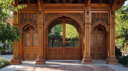 Fototapeta premium Ornate wooden doorway with intricate carvings and a view of greenery through the entrance.