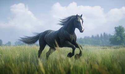 Black horse runs through tall grass.