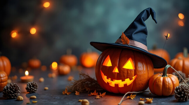 Happy Halloween Background with Pumpkin Jack-O'-Lantern, Witch Hat, Ghosts, and Spooky Decorations. Perfect for Trick or Treat Celebrations, Holiday Parties, and October 31st Festivities