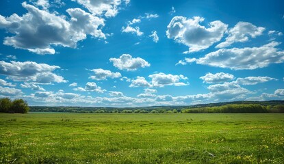 Obraz premium A serene landscape featuring a blue sky with white clouds above lush green hills, creating an idyllic scene perfect for relaxation and nature exploration, evoking calmness and tranquility.